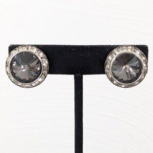 Vintage Gray Rivoli Crystal Halo Clip On Earrings‎ Silver Tone Evening Glam